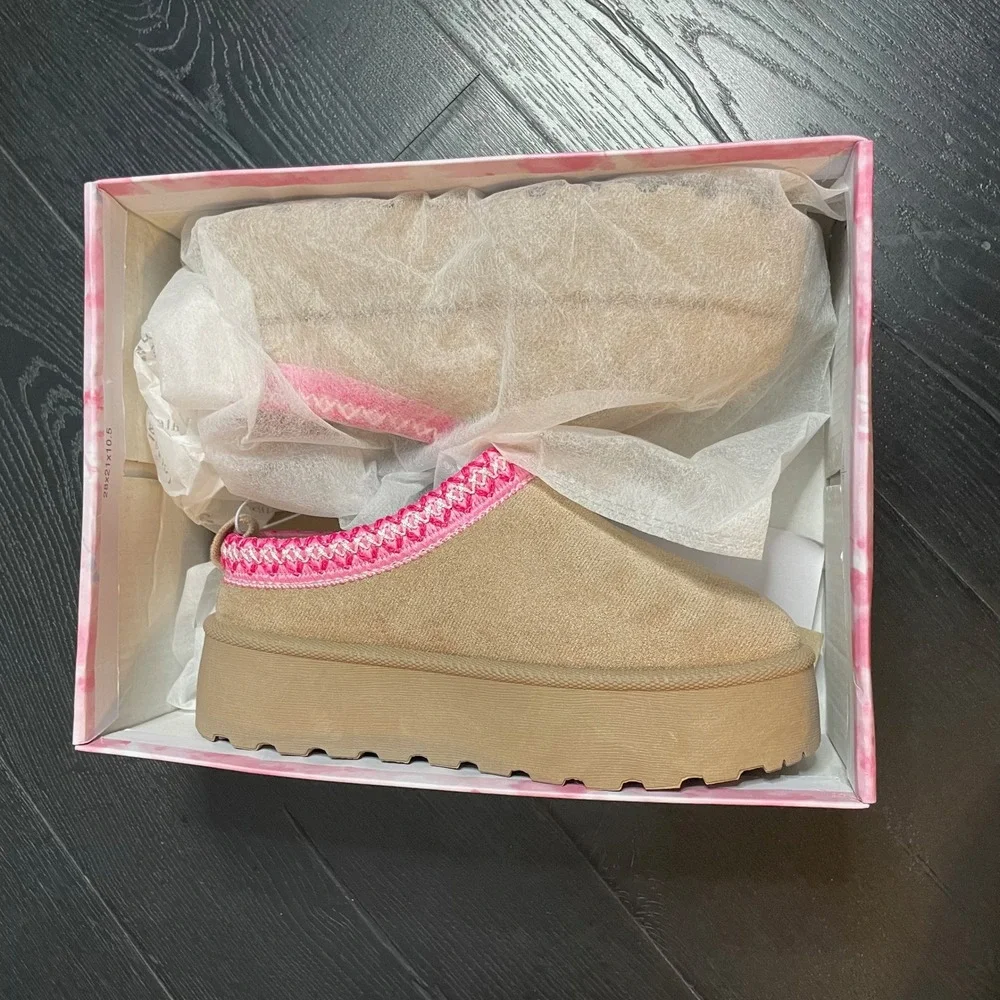 Olivia & Kate Girls Platform Slippers Taupe Pink Trim Faux Fur Size 1 New In Box